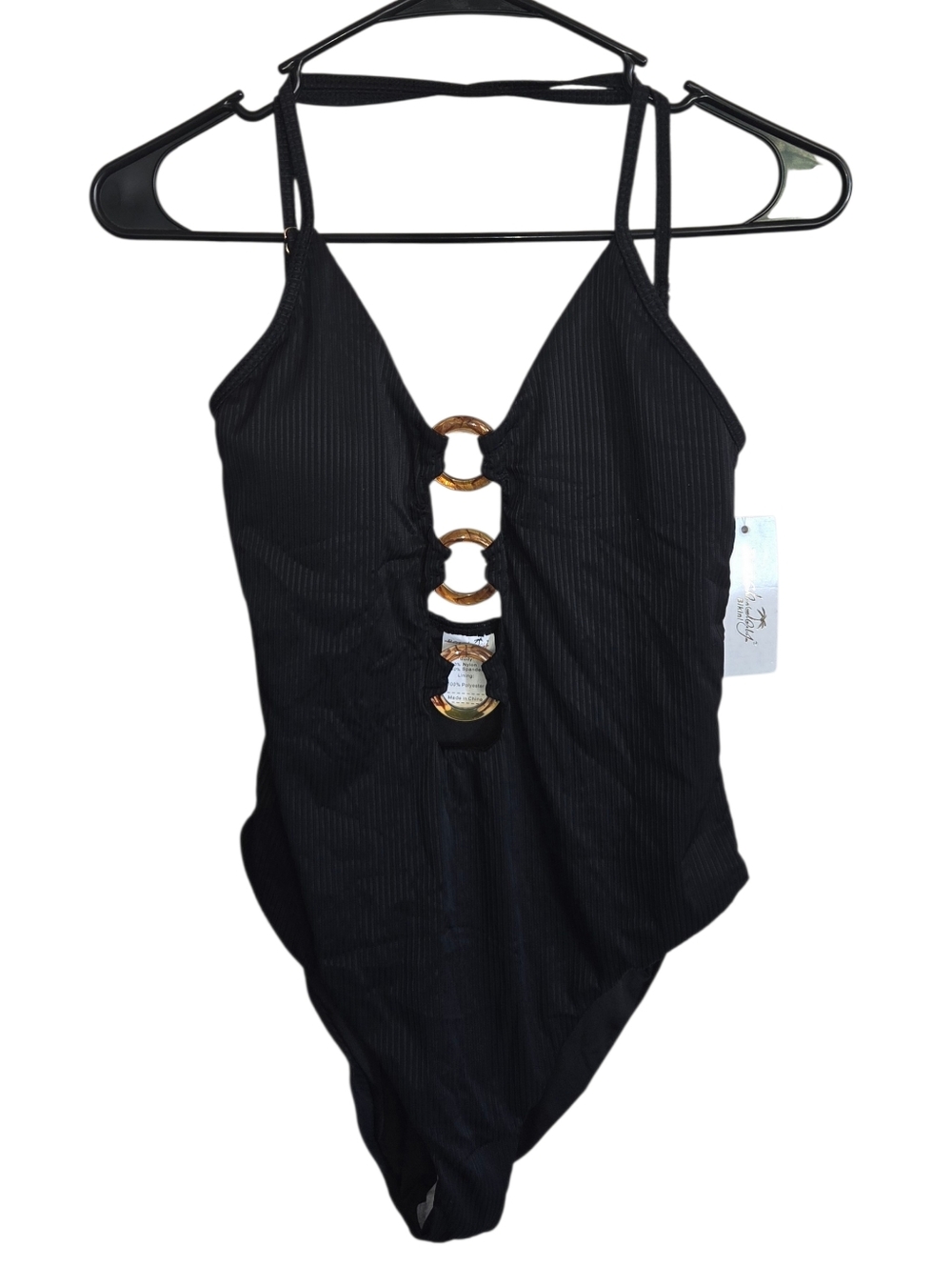 Black Ribbed One-Piece Swimsuit with Tortoise Ring Accent Size Large